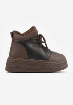 Czarno-Brązowe Sneakersy Śniegowce Vices na Tłoczonej Platformie z Napisem Olinnea