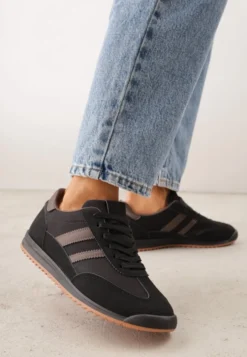 Czarno-Brązowe Sneakersy Ozdobione Dwoma Paskami Lannatea