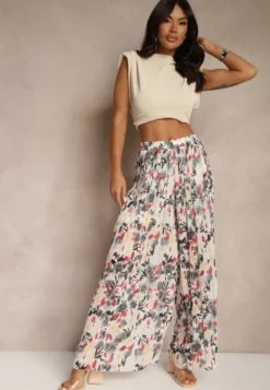 Czarno-Czerwone Spodnie High Waist Zdobione Plisami i Kwiatowym Printem Folamea