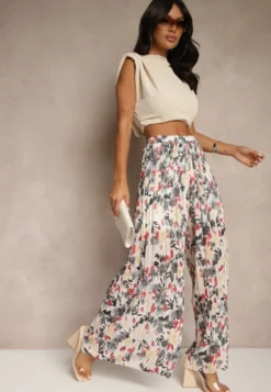 Czarno-Czerwone Spodnie High Waist Zdobione Plisami i Kwiatowym Printem Folamea