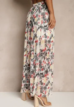 Czarno-Czerwone Spodnie High Waist Zdobione Plisami i Kwiatowym Printem Folamea