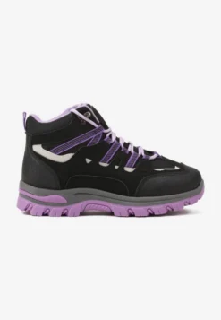 Czarno-Fioletowe Buty Trekkingowe Traperki Vices ze Sznurowaną Cholewką Afellie