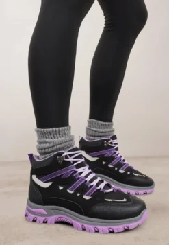 Czarno-Fioletowe Buty Trekkingowe Traperki Vices ze Sznurowaną Cholewką Afellie