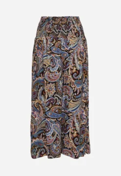 Czarno-Granatowe Spodnie Culottes z Bawełnianej Tkaniny Ozdobione Wzorem Paisley Gwinamas