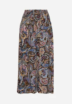 Czarno-Granatowe Spodnie Culottes z Bawełnianej Tkaniny Ozdobione Wzorem Paisley Gwinamas