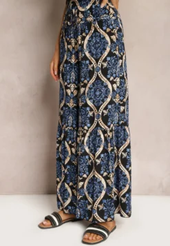 Czarno-Granatowe Spodnie Szerokie z Wiskozy w Ornamentalny Wzór High Waist Cramelia