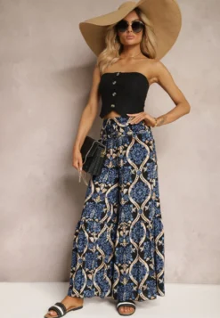 Czarno-Granatowe Spodnie Szerokie z Wiskozy w Ornamentalny Wzór High Waist Cramelia