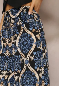 Czarno-Granatowe Spodnie Szerokie z Wiskozy w Ornamentalny Wzór High Waist Cramelia