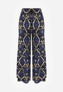 Czarno-Granatowe Spodnie Szerokie z Wiskozy w Ornamentalny Wzór High Waist Cramelia