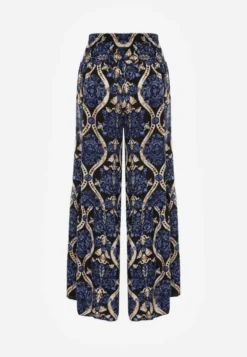 Czarno-Granatowe Spodnie Szerokie z Wiskozy w Ornamentalny Wzór High Waist Cramelia