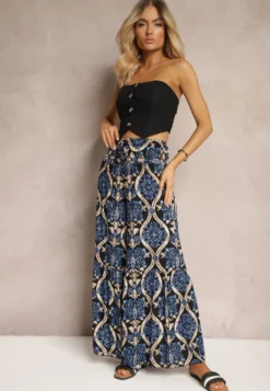 Czarno-Granatowe Spodnie Szerokie z Wiskozy w Ornamentalny Wzór High Waist Cramelia
