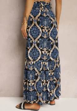 Czarno-Granatowe Spodnie Szerokie z Wiskozy w Ornamentalny Wzór High Waist Cramelia