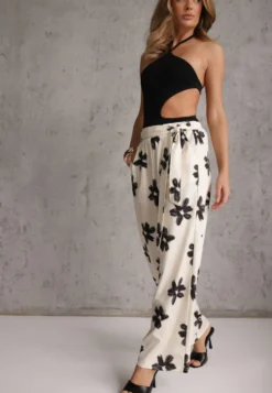 Czarno-Kremowe Szerokie Spodnie High Waist z Kwiatowym Printem i Wiązanym Paskiem Oramare
