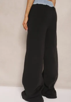 Czarno-Niebieskie Spodnie z Bawełną o Szerokim Kroju High Waist Ozdobione Sznurkami Annoriel