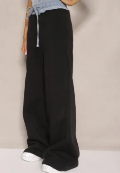 Czarno-Niebieskie Spodnie z Bawełną o Szerokim Kroju High Waist Ozdobione Sznurkami Annoriel