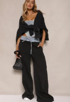 Czarno-Niebieskie Spodnie z Bawełną o Szerokim Kroju High Waist Ozdobione Sznurkami Annoriel