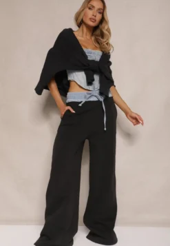 Czarno-Niebieskie Spodnie z Bawełną o Szerokim Kroju High Waist Ozdobione Sznurkami Annoriel