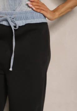 Czarno-Niebieskie Spodnie z Bawełną o Szerokim Kroju High Waist Ozdobione Sznurkami Annoriel