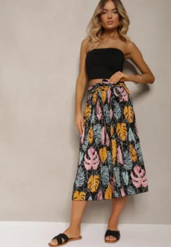 Czarno-Pomarańczowe Spodnie Szwedy z Bawełną High Waist Wykończone Gumką w Talii Pasefia