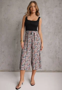 Czarno-Różowe Spodnie z Szerokimi Nogawkami High Waist z Bawełną Paskiem i Gumką w Talii Drosofia