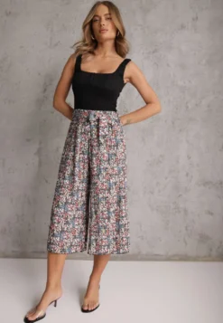 Czarno-Różowe Spodnie z Szerokimi Nogawkami High Waist z Bawełną Paskiem i Gumką w Talii Drosofia