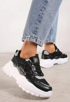 Czarno-Szare Sneakersy na Tłoczonej Podeszwie Zdobione Sznurkiem Wokół Pellesti
