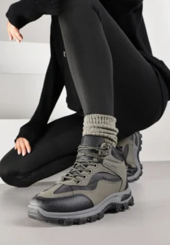 Czarno-Zielone Buty Trekkingowe Trapery Vices Ozdobione Geometrycznym Motywem Anarisse