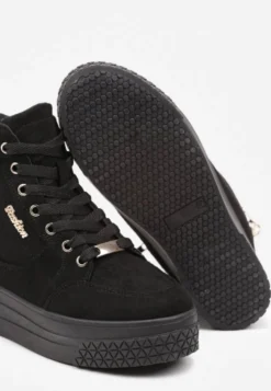 Czarno-Złote Sneakersy na Koturnie z Metalicznymi Detalami i Dodatkowym Suwakiem Dailise