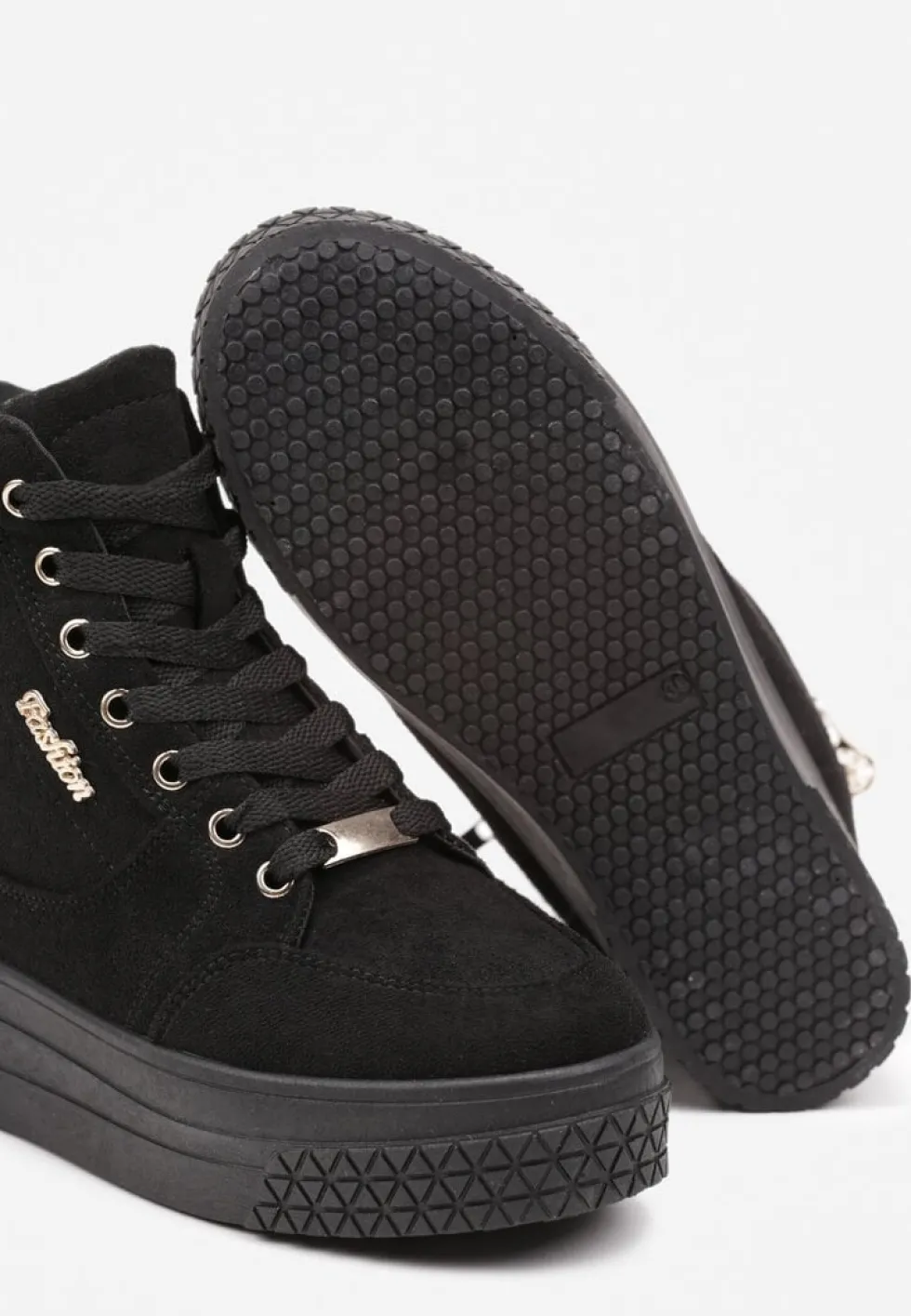 Czarno-Złote Sneakersy na Koturnie z Metalicznymi Detalami i Dodatkowym Suwakiem Dailise