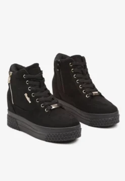 Czarno-Złote Sneakersy na Koturnie z Metalicznymi Detalami i Dodatkowym Suwakiem Dailise