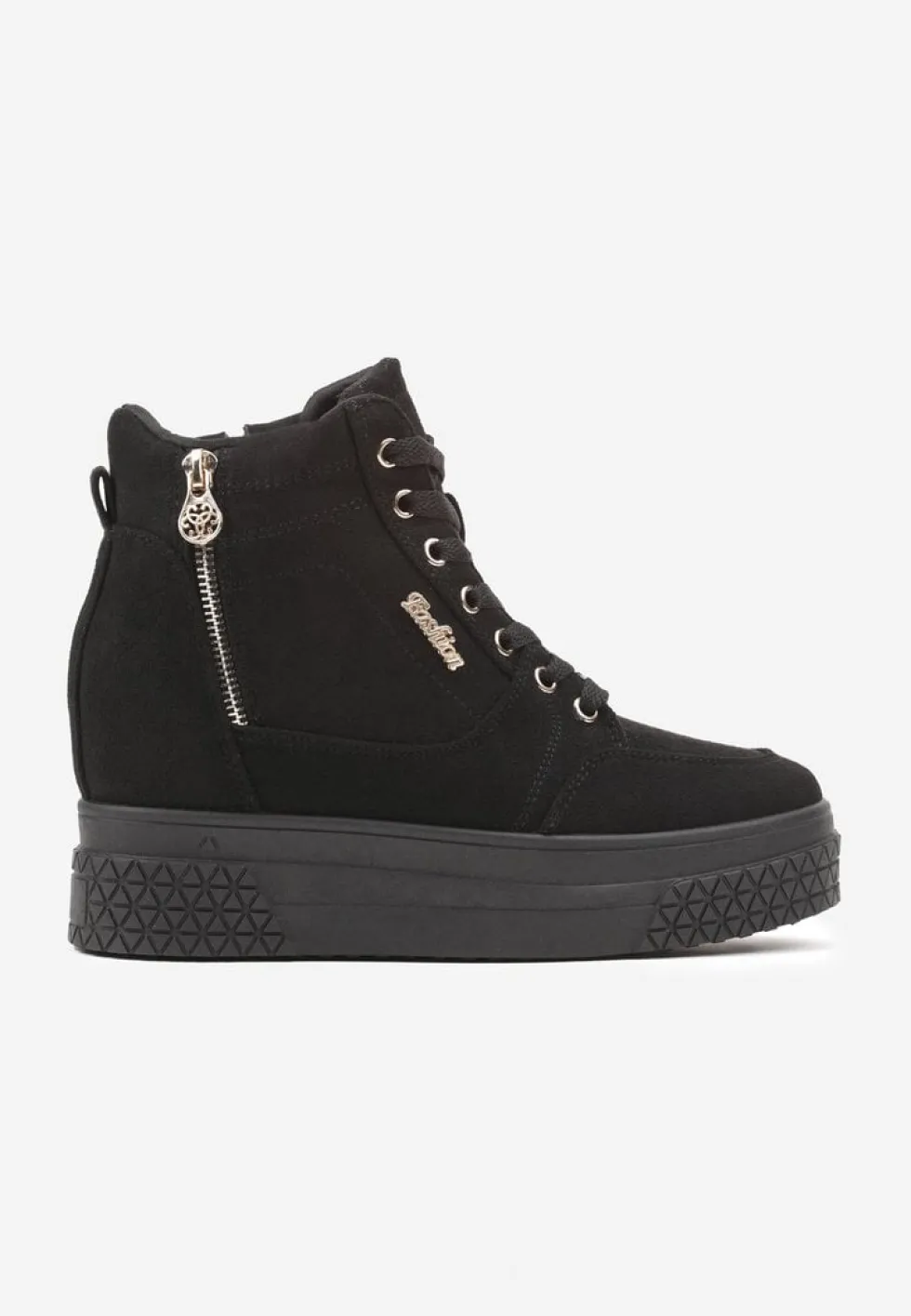 Czarno-Złote Sneakersy na Koturnie z Metalicznymi Detalami i Dodatkowym Suwakiem Dailise