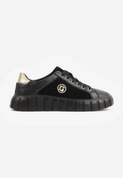 Czarno-Złote Sneakersy Skórzane z Chunky Podeszwą i Metalicznymi Wstawkami Volla