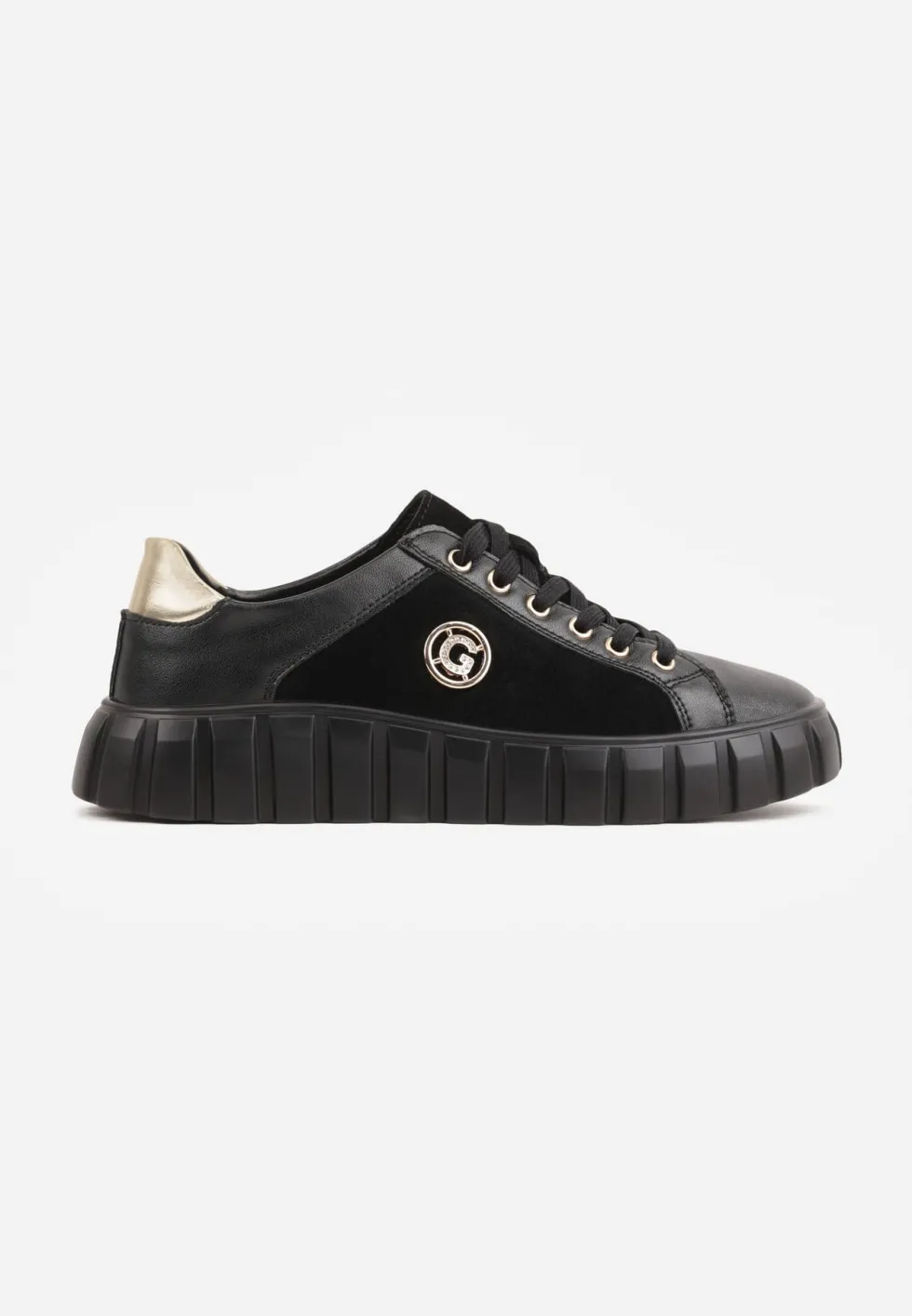 Czarno-Złote Sneakersy Skórzane z Chunky Podeszwą i Metalicznymi Wstawkami Volla