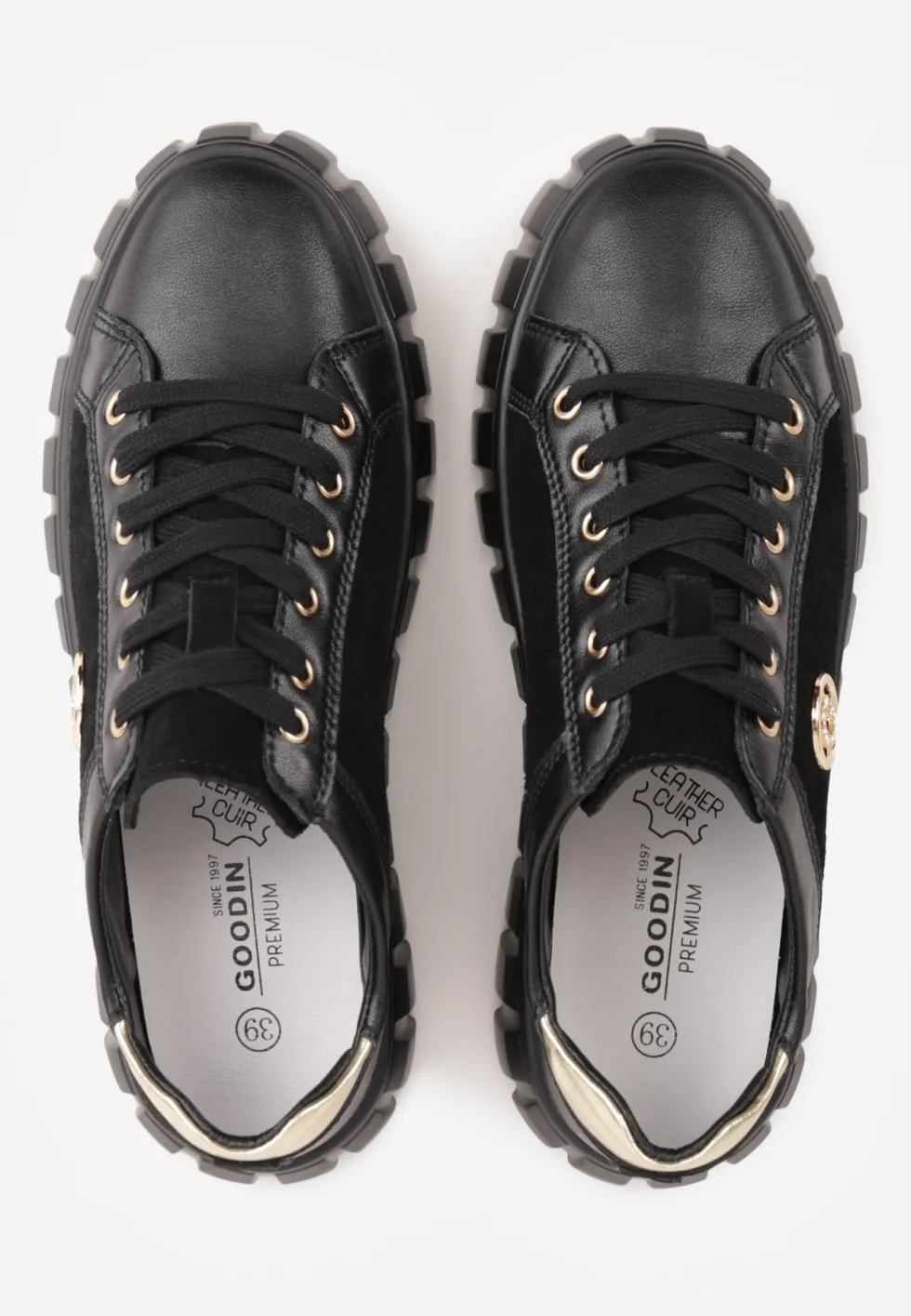 Czarno-Złote Sneakersy Skórzane z Chunky Podeszwą i Metalicznymi Wstawkami Volla