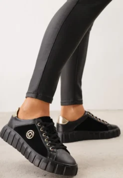 Czarno-Złote Sneakersy Skórzane z Chunky Podeszwą i Metalicznymi Wstawkami Volla
