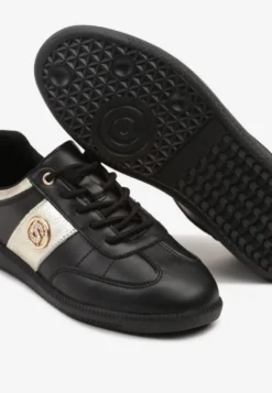 Czarno-Złote Sneakersy Skórzane Typu Kultowe Tenisówki z Metaliczną Aplikacją Ollisena