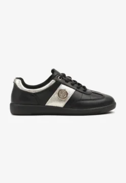 Czarno-Złote Sneakersy Skórzane Typu Kultowe Tenisówki z Metaliczną Aplikacją Ollisena