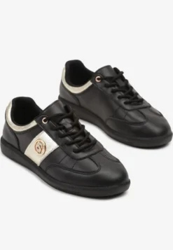 Czarno-Złote Sneakersy Skórzane Typu Kultowe Tenisówki z Metaliczną Aplikacją Ollisena