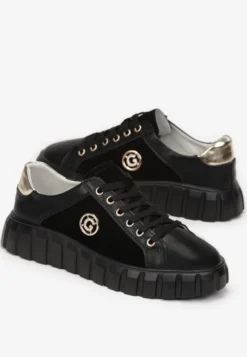 Czarno-Złote Sznurowane Sneakersy ze Skóry Breana