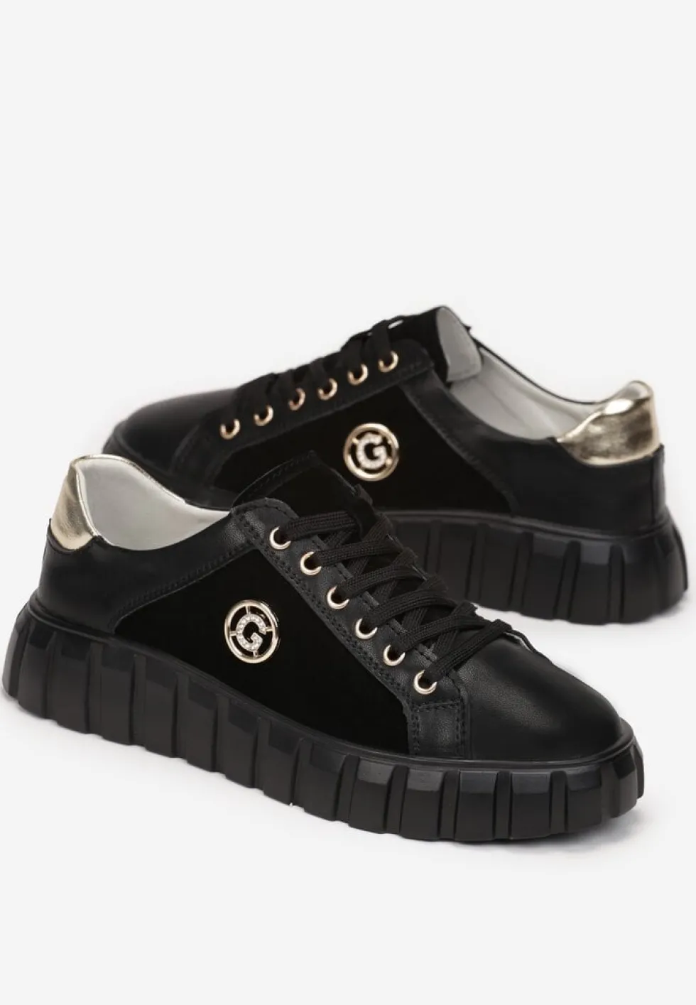 Czarno-Złote Sznurowane Sneakersy ze Skóry Breana
