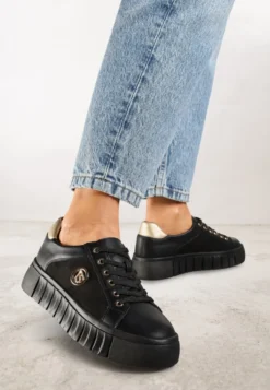 Czarno-Złote Sznurowane Sneakersy Vices na Platformie z Tłoczeniem i Metaliczną Aplikacją Lavfedi