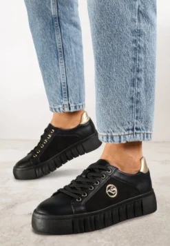 Czarno-Złote Sznurowane Sneakersy Vices na Platformie z Tłoczeniem i Metaliczną Aplikacją Lavfedi