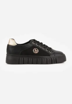 Czarno-Złote Sznurowane Sneakersy Vices na Platformie z Tłoczeniem i Metaliczną Aplikacją Lavfedi