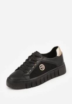 Czarno-Złote Sznurowane Sneakersy Vices na Platformie z Tłoczeniem i Metaliczną Aplikacją Lavfedi