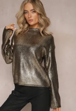 Czarno-Złoty Metaliczny Sweter z Długim Rękawem Vivalei