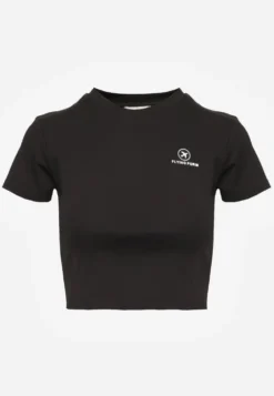 Czarny Basicowy T-shirt w Stylu Cropped z Subtelnym Nadrukiem Loraera