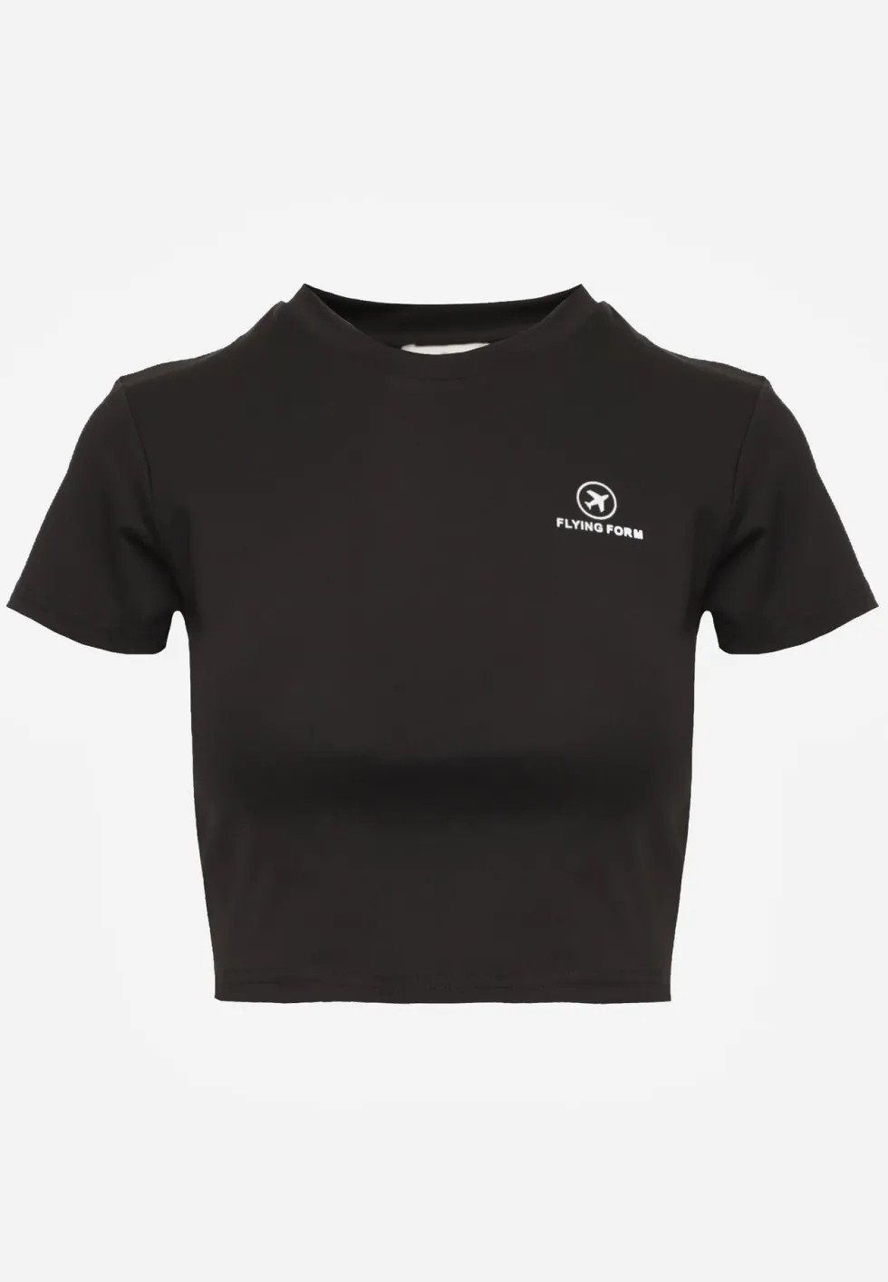 Czarny Basicowy T-shirt w Stylu Cropped z Subtelnym Nadrukiem Loraera