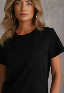 Czarny Bawełniany T-shirt o Klasycznym Kroju z Ozdobnymi Przeszyciami w Romby Luara