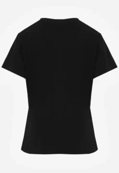 Czarny Bawełniany T-shirt o Klasycznym Kroju z Ozdobnymi Przeszyciami w Romby Luara