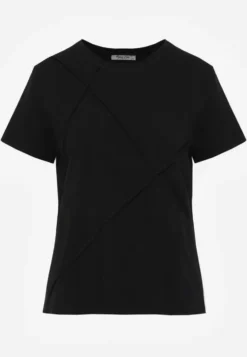 Czarny Bawełniany T-shirt o Klasycznym Kroju z Ozdobnymi Przeszyciami w Romby Luara